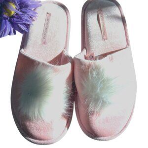 Victorias Secret Pink Velvet Slippers W/ Fur Pom Size M (7-8)